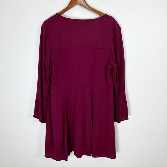 Torrid Lace Up Crinkle Gauze Flowy Long Sleeve Mini Skater Dress Burgundy - Picture 10 of 14